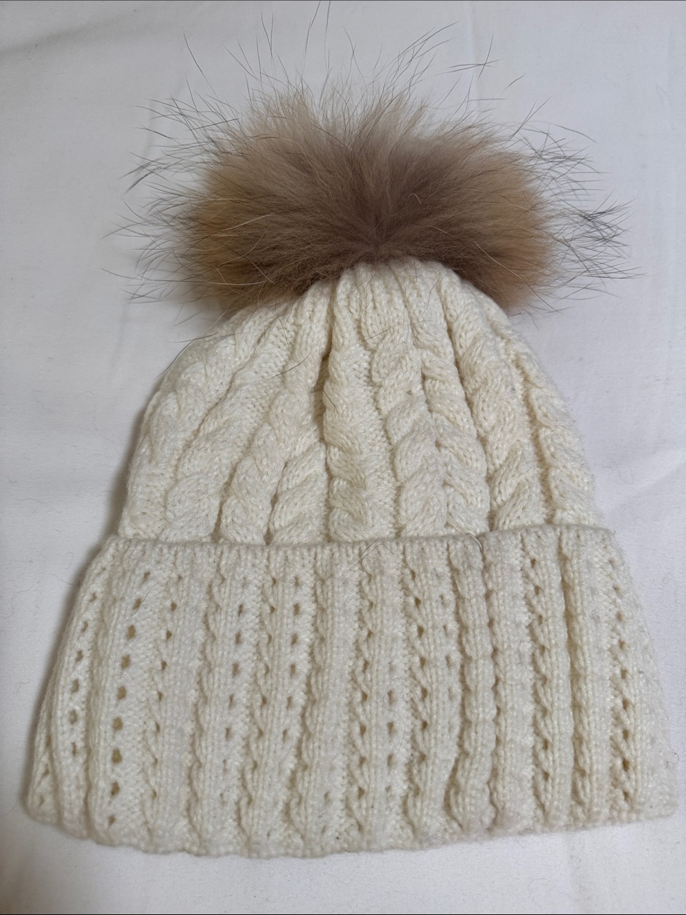 Cream Cable Knit Pom Beanie with Faux Fur Pom